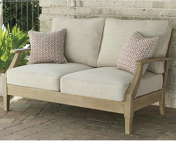 Signature Design by Ashley Clare View Coastal Outdoor Loveseat, Cushioned with Nuvella Fabric, Protective Finish, Eucalyptus Wood, 55.5" W x 35" D x 32" H, Beige