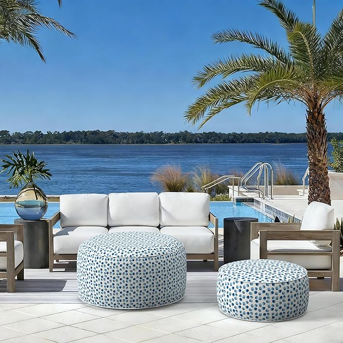 LVTXIII Outdoor Inflatable Ottoman, 21"x21"x9" Patio Fade-Resistant Footrest Stool with Handle, Portable Round Ottoman Pouf for Patio Garden, Camping or Home Use, Brush Blue