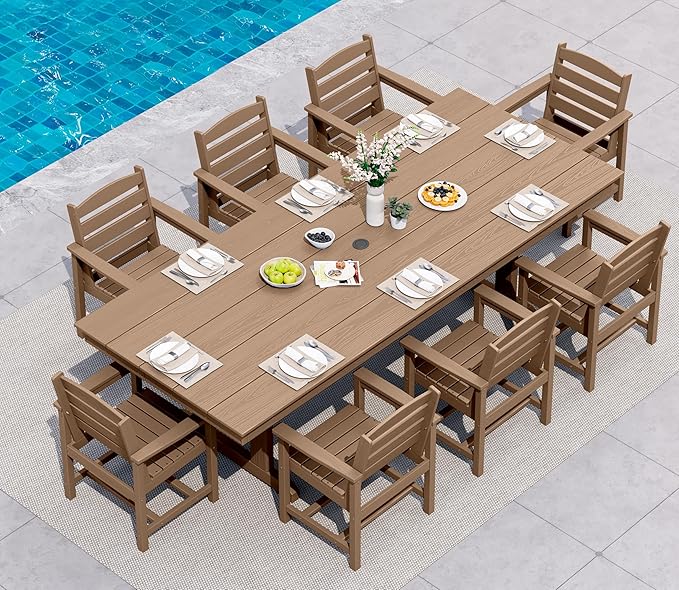 SERWALL 9 Piece Outdoor Dining Set, 84" HDPE Outdoor Table and Chairs for 8，All Weather Patio Furniture Set with Umbrella Hole for Backyard, Garden, Brown