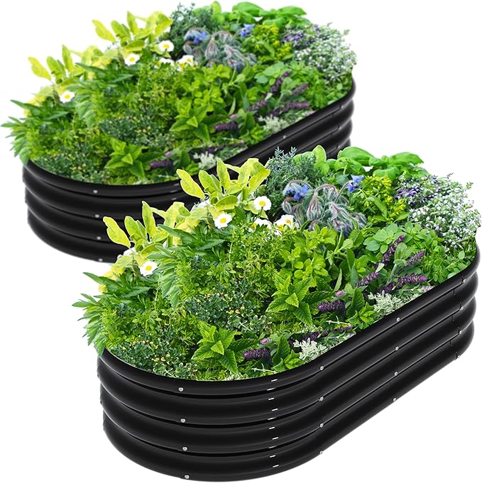 2Pcs 4X2X1ft Oval Raised Garden Bed Kit,Galvanized Raised Garden Beds Outdoor, Metal Planter Box Steel Kit Flower Herb,Vegetables..Black