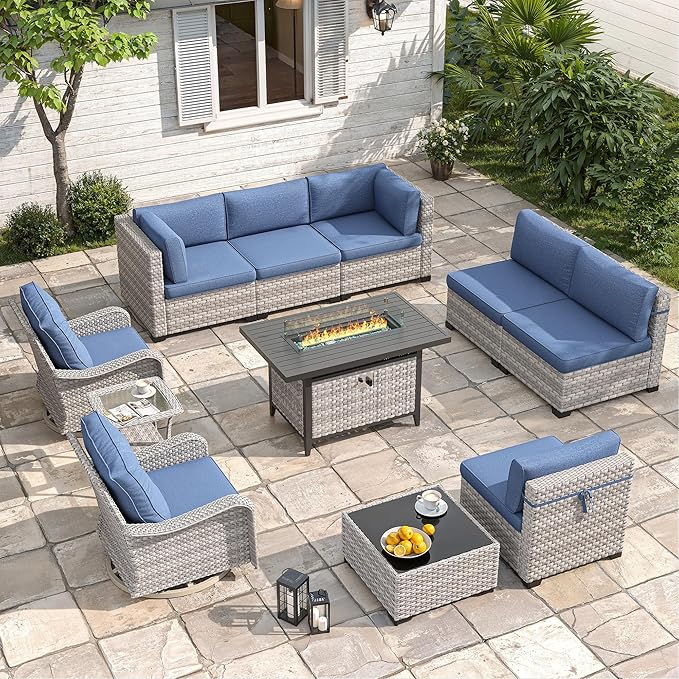 8-Seat Outdoor Wicker Patio Furniture Set with Fire Pit Table, Modular Rattan Sectional Sofa & 2 Swivel Rocking Chairs, 4" Thick Cushions, Rust-Resistant Frame,Navy