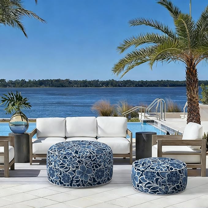 LVTXIII Indoor/Outdoor Inflatable Ottoman with Handle D21 x H9 Inch, Weather-Resistant Round Footstool Pouf for Patio Camping Living Room, Portable Footrest Extra Seating, Flower Navy