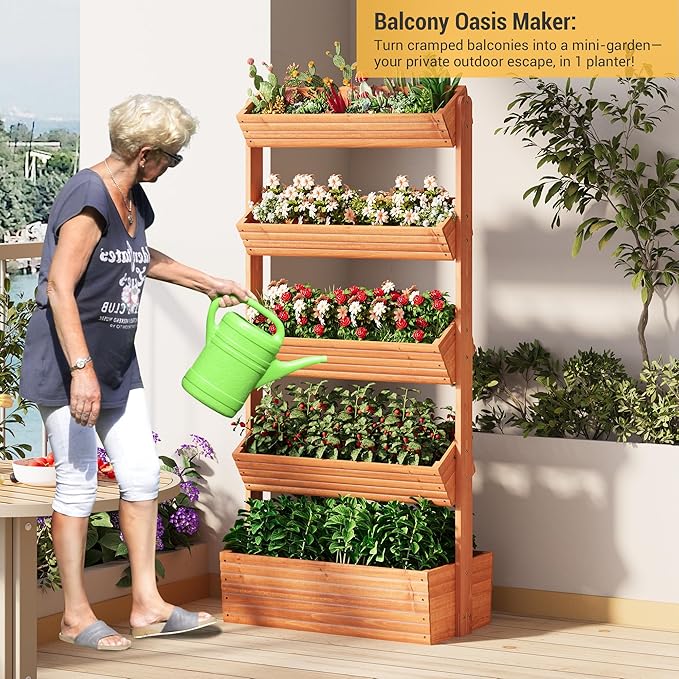 Vertical Wooden Raised Garden Bed Planters Wood Planter Kit Plant Stand Flower Rack Planter Box Gardening for Plants Herbs Flowers Vegetables Outdoor Indoor Freestanding (Orange 5-Tier)