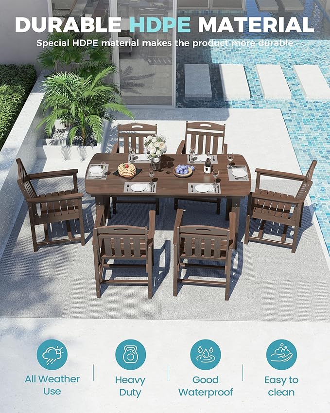 Ciokea HDPE Outdoor Dining Set, 7-Piece Patio Table and Chairs Set with Umbrella Hole, All-Weather Patio Dining Sets for 6, Durable Patio Furniture for Backyard, Garden, Lawn & Poolside, Brown