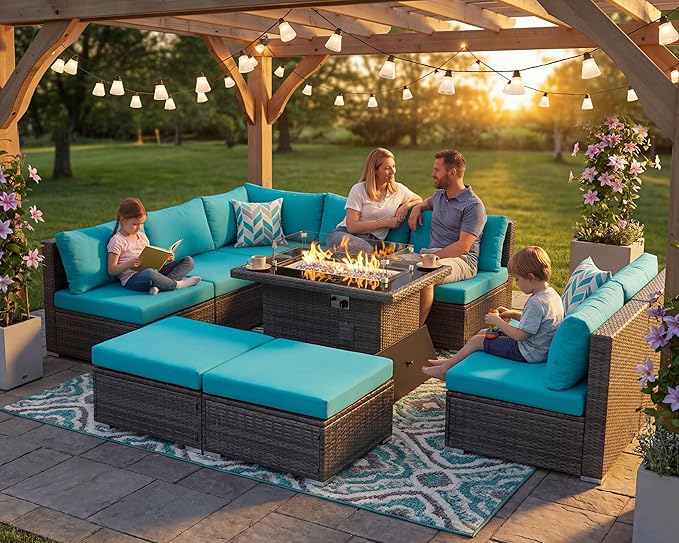 NICESOUL 10 Piece Modern Outdoor Furniture Set with Natural Gas/Propane Fire Pit Table, 29.3'' High-Back Extra Large Patio Sectionals with Firepit, Deep Wide All-Weather Rattan Sofas, Turquoise & Gray