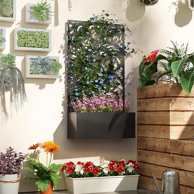 Outsunny Metal Raised Garden Bed with Trellis for Climbing Plants, Freestanding or Wall Mounted Flower Bed with Privacy Panel, Snail Cut-Outs Outdoor Planter Box for Garden, Patio, Balcony