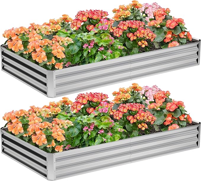 2PCS 8x4x1FT Galvanized Raised Garden Bed,Planter Raised Beds-Metal Garden Box,Large Plant for Outdoor Planting, Vegetables Bed，Flower,herb-Silver