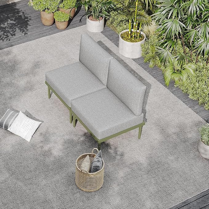 Sundale Outdoor 2 Pieces Patio Sofa Set, Metal Outdoor Sectional Loveseat with 6 Inch Olefin Cushion, All-Weather Modern Patio Chair Sets for Porch, Balcony