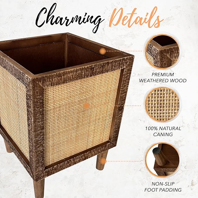 Autumn Alley Rustic Boho Large Indoor Planter - Rattan Planter Boxes Outdoor Set of 2 – Wooden Indoor or Outdoor Plant Box Stands – Decorative Square Woven Rattan Flower Pots for Home & Office