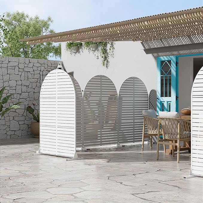 Casaphoria 72" H x 47" W Arched Metal Privacy Screen - Elegant Freestanding Outdoor Screen for Deck, Patio & Balcony - Versatile Decorative Privacy Panels for Home & Garden Use (White-Louvered)