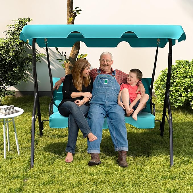 Tangkula 3 Person Porch Swing, Patio with Removable Cushion & Powder-Coated Steel Frame, Outdoor Swing with Canopy for Porch, Backyard, Garden, Balcony (Turquoise)