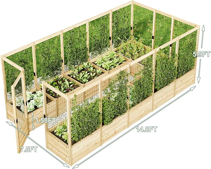 AMERLIFE U-Shaped Raised Garden Bed with Deer Proof Fence, 7.5Wx15Dx6H Outdoor Wooden Raised Garden Bed Planter with 19" Depth Planter Box