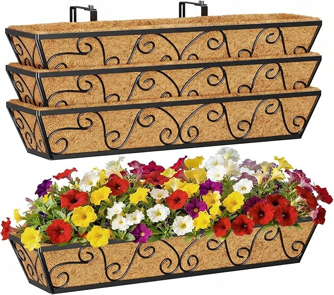 4pcs 30 Inch Window Deck with Coco Liner, 30" Window Boxes Horse Trough with Coconut Coir Liner, Metal Hanging Flower Planter Window Basket Deck Railing Planter Boxes for Outdoor Indoor Lawn