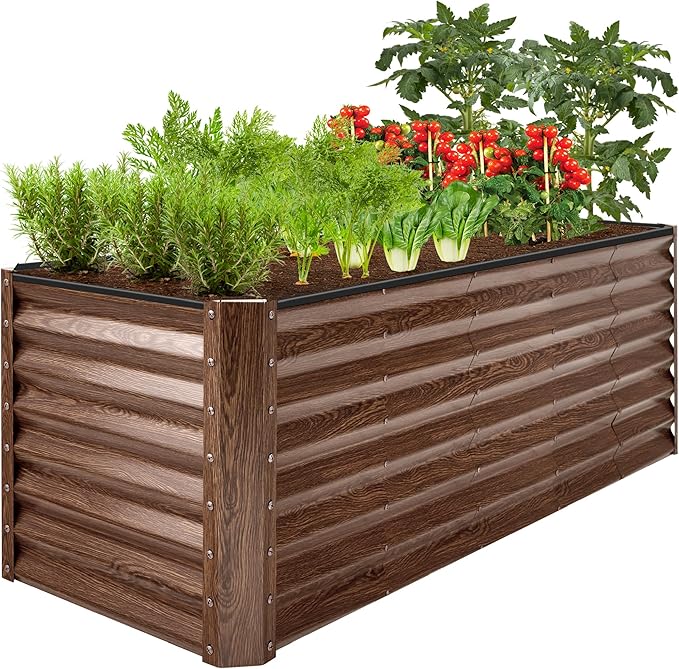 Best Choice Products 8x2x2ft Raised Outdoor Metal Garden Bed, Deep Root Box Planter for Vegetables, Flowers, Herbs, 240 Gallon Capacity, 100% Non Toxic Materials - Dark Brown Wood Grain