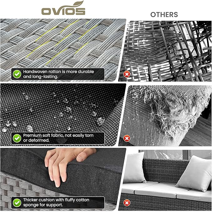 ovios 6 Pieces Patio Furniture Set, Outdoor Wicker Sectional Sofa with Glass Table Comfy Cushions, Modern Modular Deep Seat Couch Rattan Conversation Set, Black