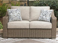 Signature Design by Ashley Carmel Bay Casual Outdoor Loveseat with Cushion, Weather Resistance and Armrest, Beige & Dark Brown