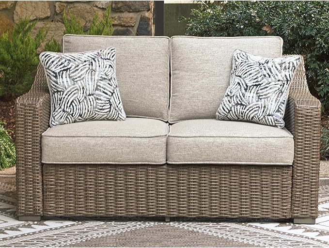 Signature Design by Ashley Carmel Bay Casual Outdoor Loveseat with Cushion, Weather Resistance and Armrest, Beige & Dark Brown