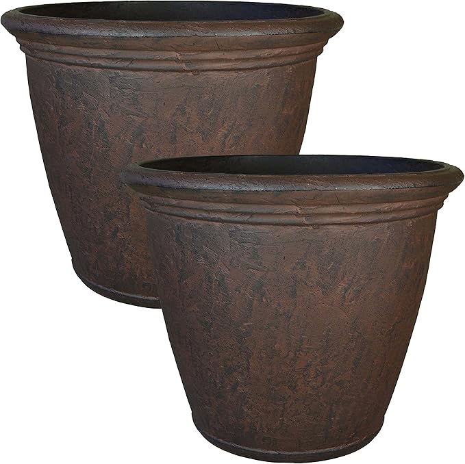 Sunnydaze 24-Inch Anjelica Large Plastic Pot for Plants - Outdoor Double-Walled Large Plastic Planter with Drillable Drainage Holes - Rust - 2pk