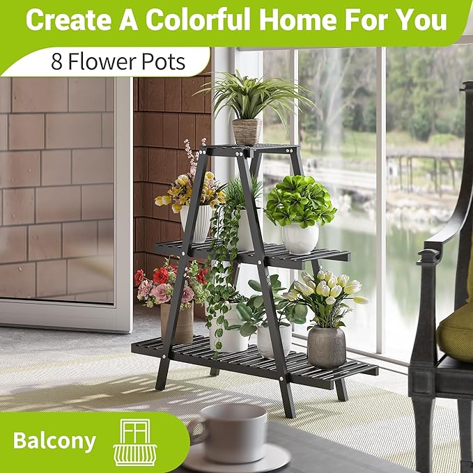 BMOSU Plant Stand Bamboo for Indoor Outdoor Tiered Plant Shelf 8 Potted Flower Holder Ladder Rack Garden Balcony Living Room Patio(3 Tier Black)