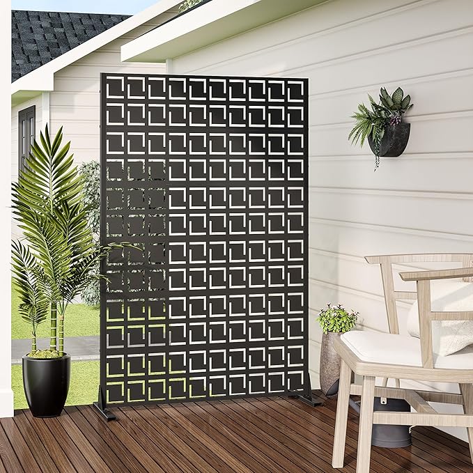 Casaphoria 72" H x 47" W Metal Privacy Screen, Outdoor Freestanding Decorative Divider for Patio, Deck, Balcony, and Garden with Stable Base, Black-Frederick