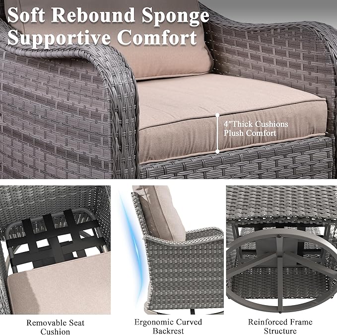 2-Seat Modern Patio Furniture Set with Swivel Rocking Chairs, Thick 4″ Cushions, Dual-Strand Wicker Rattan, Rust-Resistant Steel Frame – Outdoor Conversation & Modular Sectional,Beige