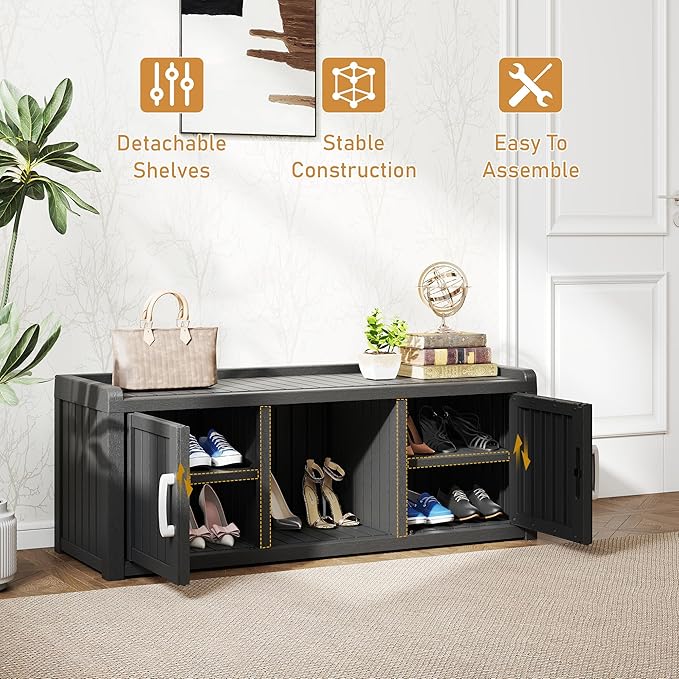 2-Tier Storage Bench, Waterproof UV-Resistant Outdoor Shoe Storage Cabinet with 2 Doors & Adjustable Shelves for Indoor Outdoor Entryway, Hallway, Living Room(Black)