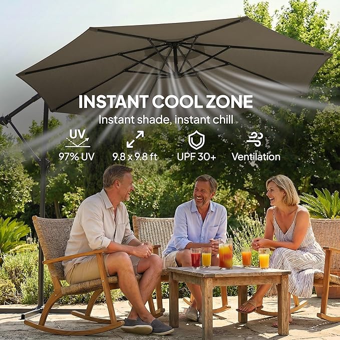 Outsunny 10 ft Offset Patio Umbrella with Cover, Round Hanging Cantilever Umbrella with 6-Position 360° Rotation, Crank Handle, Tilt, Cross Base, Heavy Duty Outdoor Umbrella for Garden