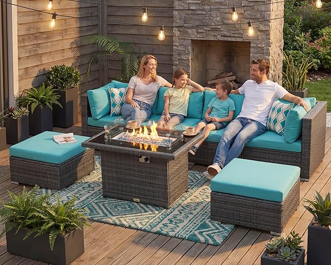 NICESOUL 29.3'' High-Back Outdoor Patio Furniture Set with Firepit Propane & Natural Gas, Oversized Deep Seat Rattan Conversations for Tall People, 7 Piece Couches, 2 Color Cushions Turquoise & Grey