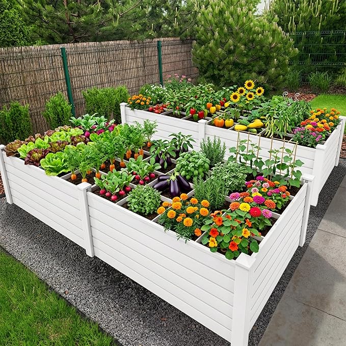 YITAHOME 4x4x2 FT Plastic Raised Garden Bed Kit, Large Outdoor Above Ground Planter Box with Growth Grid for Plants, Vegetables, and Flowers, Easy Installation, White