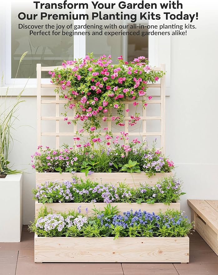 3-Tier Elevated Garden Planter, Wooden Vertical Raised Bed with Trellis & Drainage Base – Ideal for Climbing Plants, Flowers, Herbs, Vegetables – Outdoor Planter Box for Patio, Yard, or Lawn