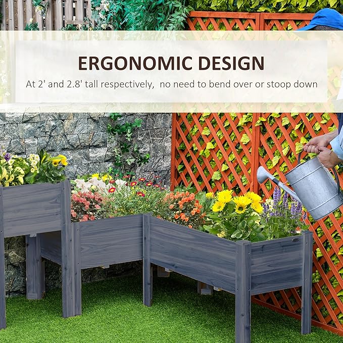 Outsunny Raised Garden Bed Set of 3, Wooden Elevated Planter Box with Legs and Bed Liner, for Backyard and Patio to Grow Vegetables, Herbs, and Flowers, Gray