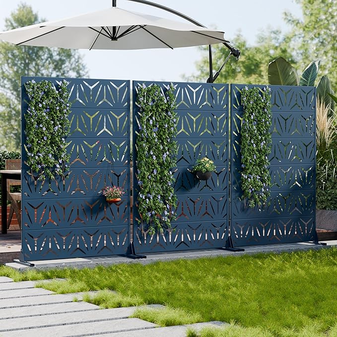 Casaphoria Metal Privacy Screen Outdoor, 72" H x 47" W Freestanding Decorative Privacy Screen for Patio Deck Balcony Garden with Stable Base, Blue-Star
