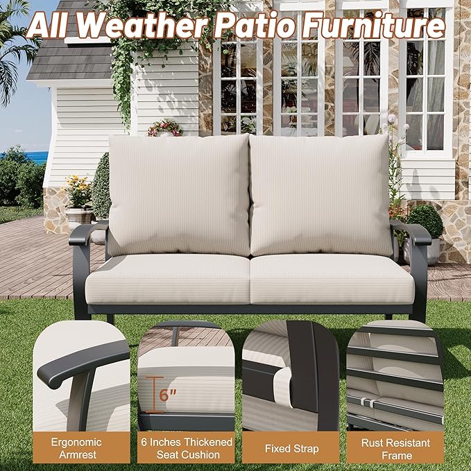 HOMREST Outdoor Loveseat Aluminum Patio Furniture Sofa, All-Weather Metal Outdoor Couch with Cushions, Beige