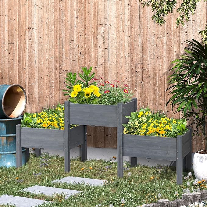 Outsunny Raised Garden Bed with 3 Planter Box, Elevated Wooden Plant Stand with Drainage Holes, for Vegetables, Herb and Flowers, Gray