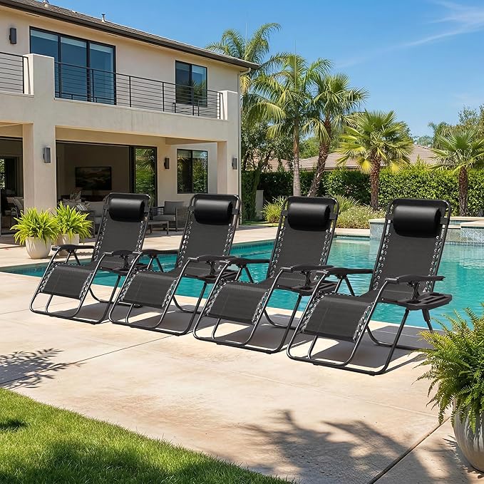 Homall Zero Gravity Chair Patio Folding Lawn Outdoor Lounge Gravity Camp Reclining Lounge Chair with Cup Holder Pillows for Poolside Backyard and Beach Set of 4 (Black)