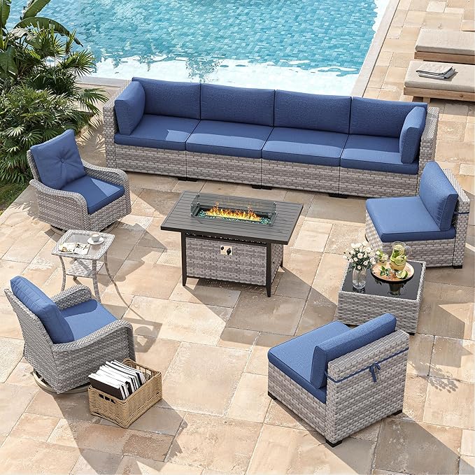 8-Seat Outdoor Wicker Patio Furniture Set with Fire Pit Table, Modular Rattan Sectional Sofa & 2 Swivel Rocking Chairs, 4" Thick Cushions, Rust-Resistant Frame,Navy