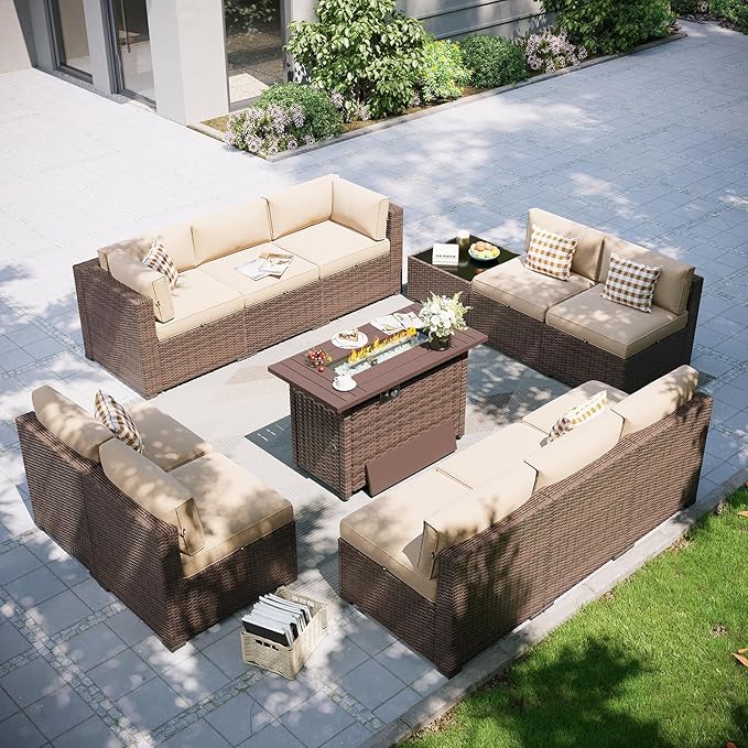 Aoxun Patio Furniture Set with Fire Pit Table, 12 Piece Outdoor Sectional Sofas, 10 Seats Wicker Outdoor Furniture with Thickened Cushion for Backyard, Garden (Brown Rattan Begin Cushions)