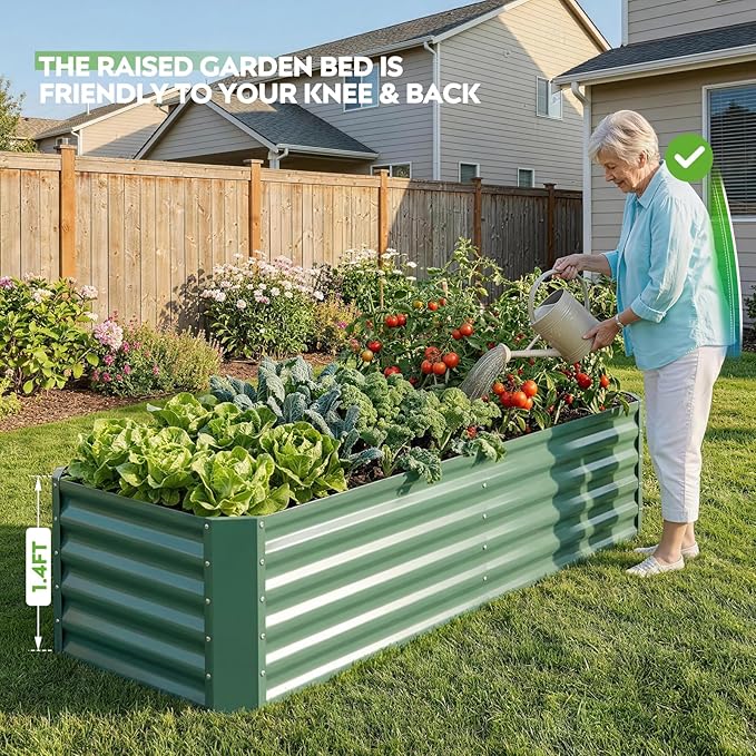 ZORMY 6×2×1.4ft Galvanized Raised Garden Bed Kit, Metal Planter Boxes Outdoor, High Raised Beds for Vegetables, Fruits, and Flowers - LotusGreen
