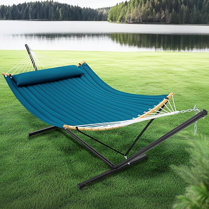 SUPERJARE Curved-Bar Hammock with Stand, 2 Person Heavy Duty Hammock Frame, Detachable Pillow & Portable Carrying Bag, Perfect for Outdoor & Indoor, Peacock Blue