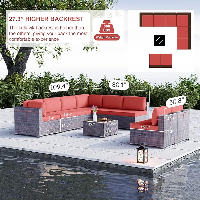 Kullavik 9 Pieces Outdoor Patio Furniture Set PE Wicker Rattan Sectional Sofa Patio Conversation Sets,Red