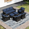 Joyside Wicker Patio Furniture Sets, 7 Pieces Upgraded Large Size Outdoor Furniture with 4 Swivel Rocking Patio Chairs, 3-Seat Sofa, Outdoor Ottoman, Thick Cushions, Wide Armrest, Blue
