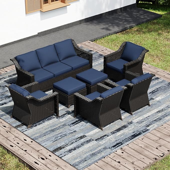 Joyside Wicker Patio Furniture Sets, 7 Pieces Upgraded Large Size Outdoor Furniture with 4 Swivel Rocking Patio Chairs, 3-Seat Sofa, Outdoor Ottoman, Thick Cushions, Wide Armrest, Blue