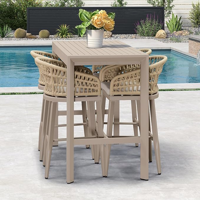 PURPLE LEAF Outdoor Rattan 29" Bar Stools Set of 2, Modern Boho Aluminum Patio Bar Height Chair with Cushion and Back for Outdoor and Indoor, Champagne