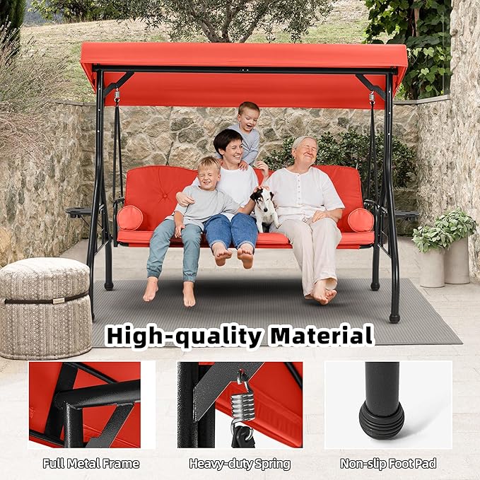 HOMREST 3 Seat Outdoor Porch Swing with Adjustable Canopy, Convertible Patio Swing Bed with Stand, Patio Glider Swing with Upgraded Cup Holder, Thicken Cushions ＆ Pillow for Backyard(Orange)