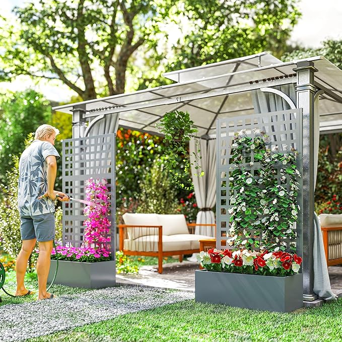 Outsunny Galvanized Raised Garden Bed with Trellis, Metal Planter Box with Drainage Holes, Outdoor Privacy Screen for Climbing Plants, Vegetable, Vines, 35" x 16" x 70", 2 Pack, Gray Wood Effect