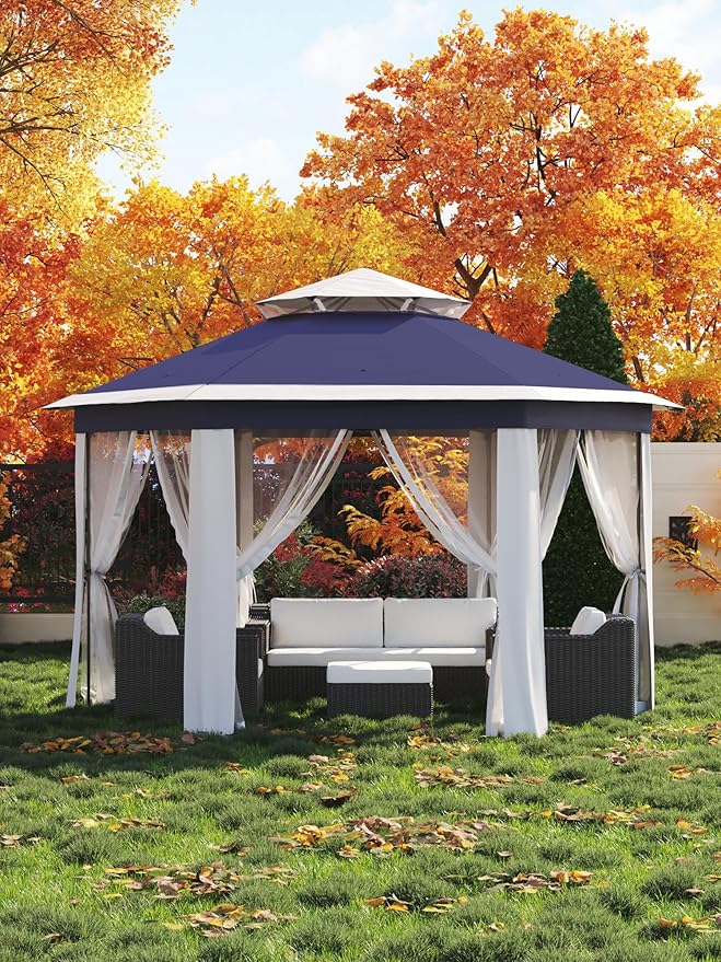 Garvee Pop Up Gazebo Screen Tent,Hexagonal Instant Gazebo Tent with Mosquito Netting Outdoor Canopy,6 Sided Sun Shelter 13x13ft with Mesh Netting,Pavilion Tents for Patio,Blue+Beige