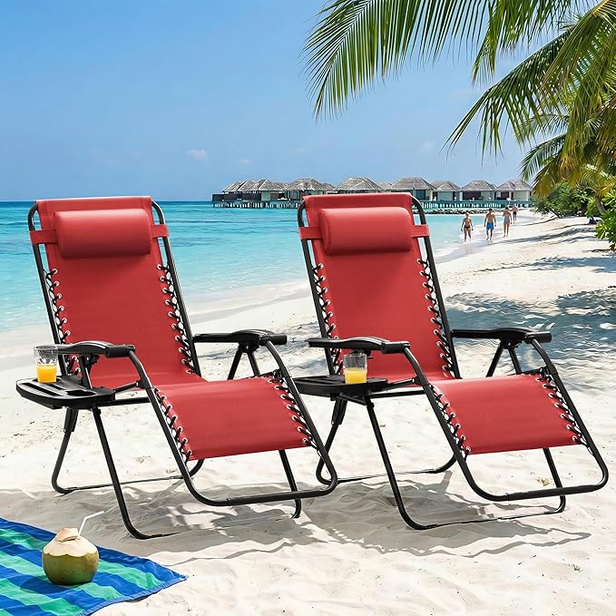 Homall Zero Gravity Chair Patio Folding Lawn Outdoor Lounge Gravity Camp Reclining Lounge Chair with Cup Holder Pillows for Poolside Backyard and Beach Set of 4 (Red)