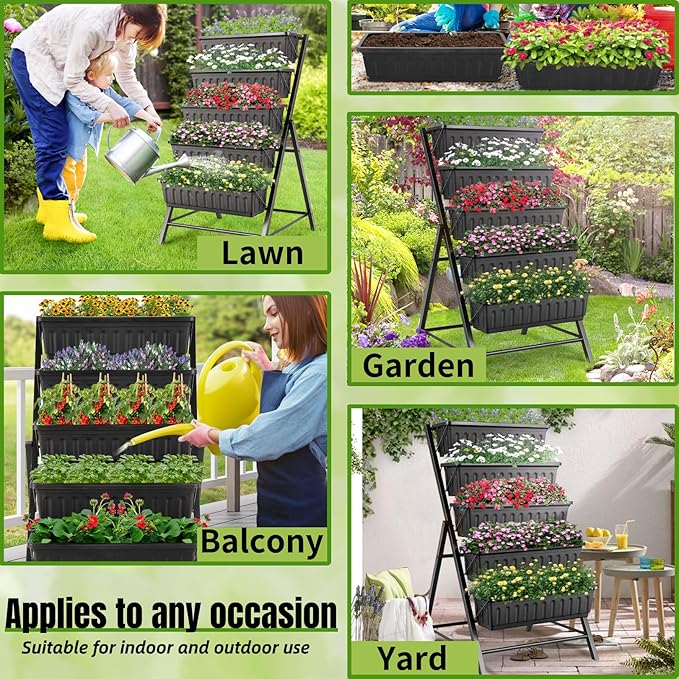 Homdox 3.74FT Vertical Garden Bed, 5 Tiers Vertical Raised Garden Planter, 23 * 26 * 45Inch Outdoor Garden Raised Bed with 4 Hooks, Vegetable Flower Planter Raised Stand for Garden Patio Yard, Black