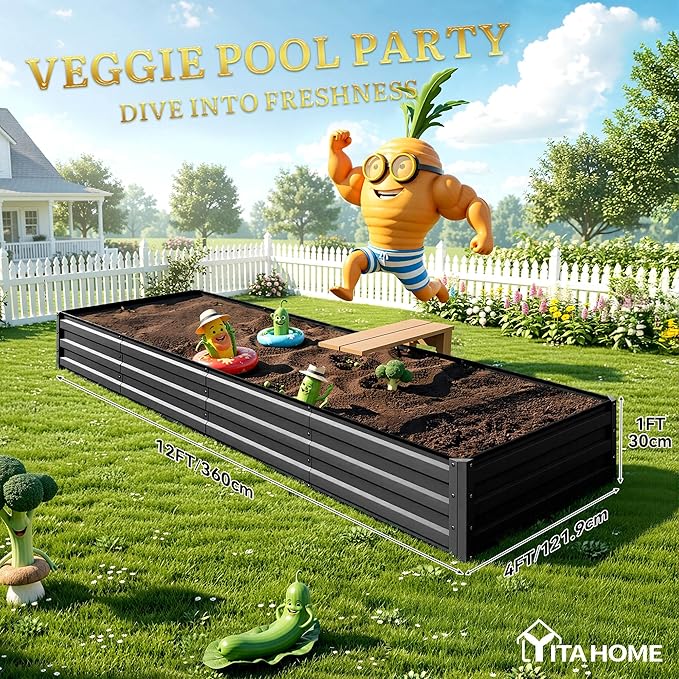 YITAHOME 4pcs 12x4x1 ft Galvanized Raised Garden Bed Kit, Large Metal Planter Box with Gloves, Safety Rubber & Support Rod, Outdoor Flower Bed for Plants Vegetables, Black