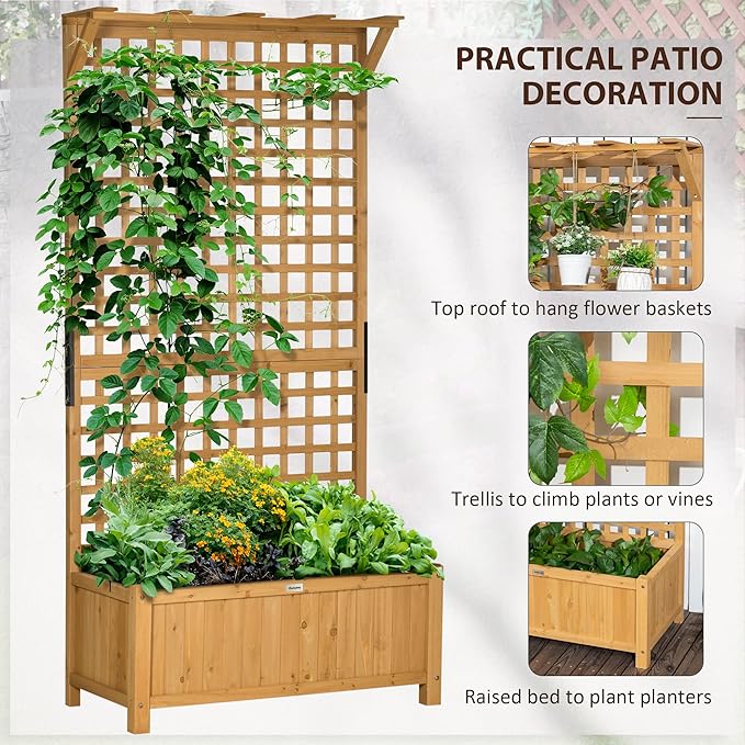Outsunny Wood Planter with Trellis, Raised Garden Bed for Climbing Plants with Drainage Holes and Roof, 35.5 x 17.75 x 72 Inch, Pack of 2, Yellow